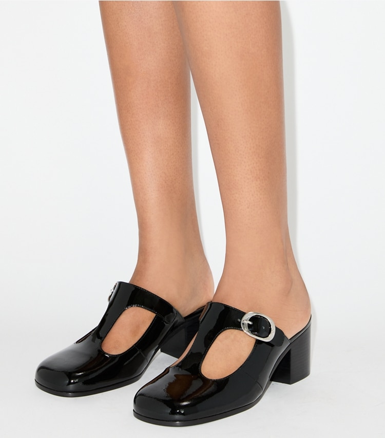 Tory Burch designer heels Violet T-Strap Heeled Mule in PERFECT BLACK accessory on model