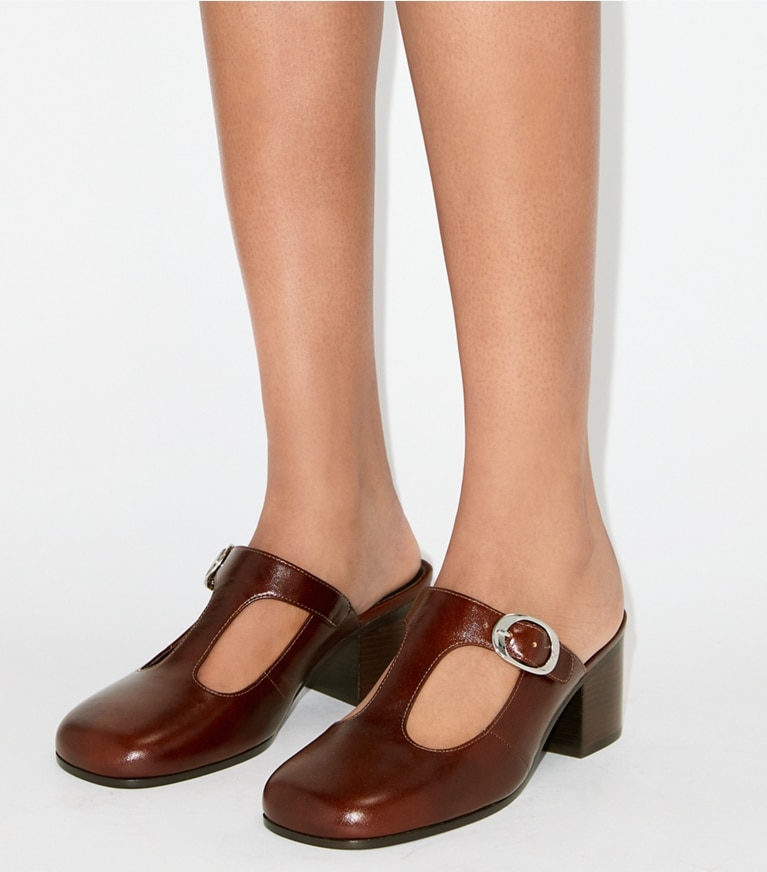 Tory Burch designer heels Violet T-Strap Heeled Mule in NEGRONI accessory on model