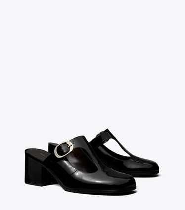 Tory Burch designer heels Violet T-Strap Heeled Mule in PERFECT BLACK angle