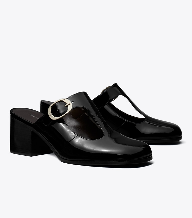 Tory Burch designer heels Violet T-Strap Heeled Mule in PERFECT BLACK angle