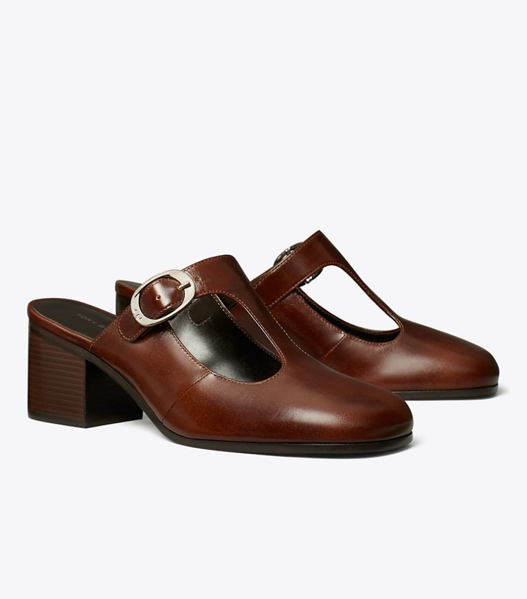 Tory Burch designer heels Violet T-Strap Heeled Mule in NEGRONI angle