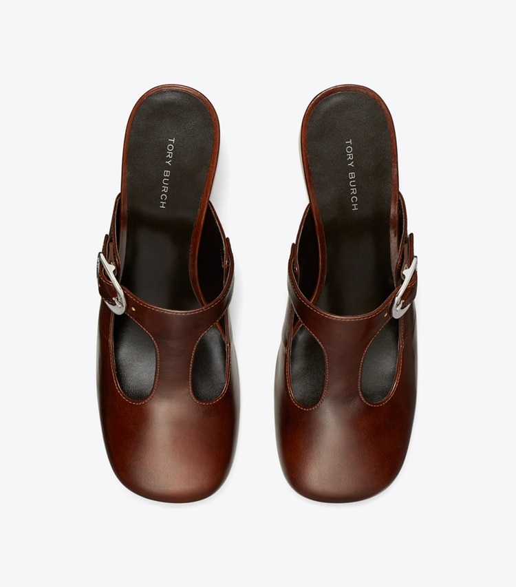 Tory Burch designer heels Violet T-Strap Heeled Mule in NEGRONI overhead