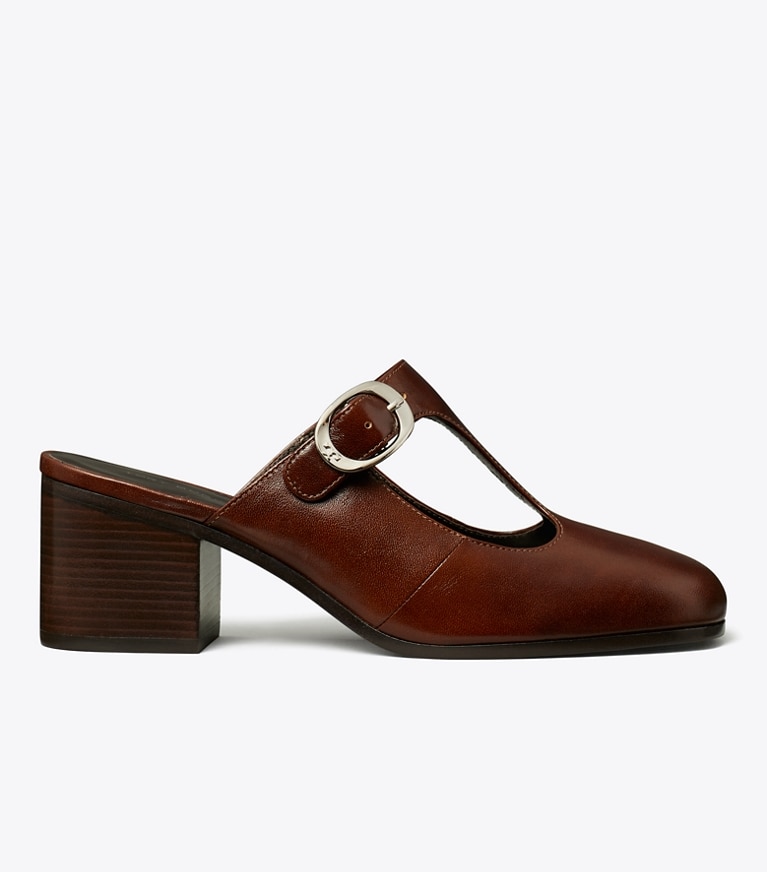 Tory Burch designer heels Violet T-Strap Heeled Mule in NEGRONI angle