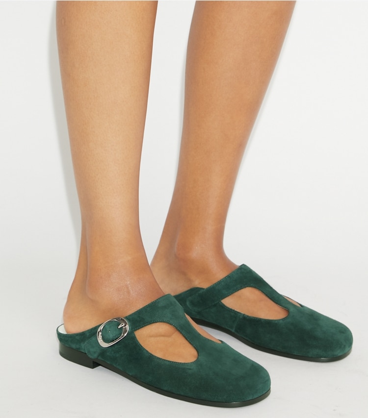 Tory Burch designer flats Violet T-Strap Mule in WARM TEAL additional on model