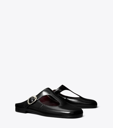 Tory Burch designer flats Violet T-Strap Mule in PERFECT BLACK angle