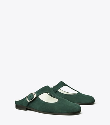 Tory Burch designer flats Violet T-Strap Mule in WARM TEAL angle