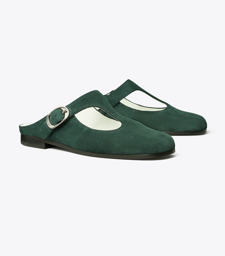 Tory Burch designer flats Violet T-Strap Mule in WARM TEAL angle