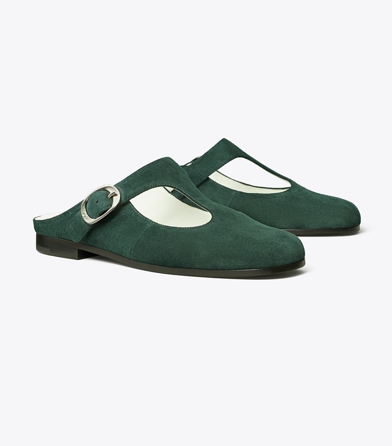 Tory Burch designer flats Violet T-Strap Mule in WARM TEAL angle