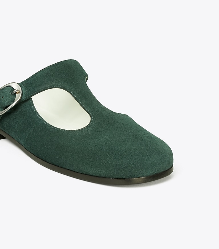 Tory Burch designer flats Violet T-Strap Mule in WARM TEAL angle