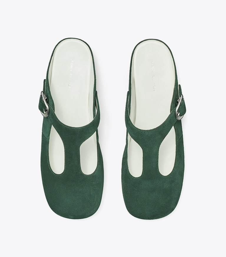 Tory Burch designer flats Violet T-Strap Mule in WARM TEAL angle
