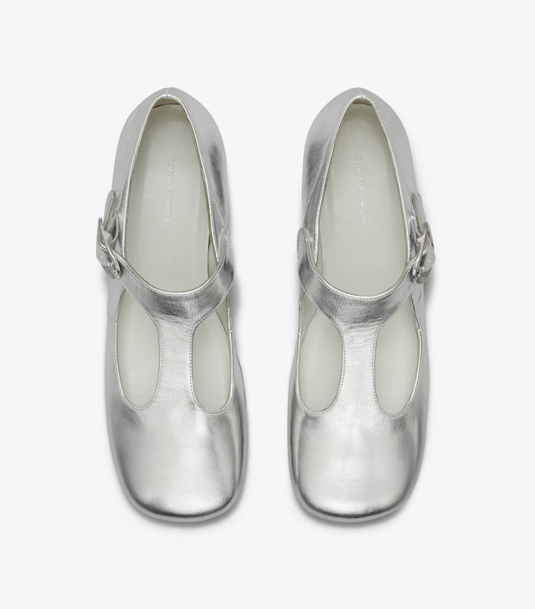 Tory Burch designer flats Violet T-Strap in SILVER angle