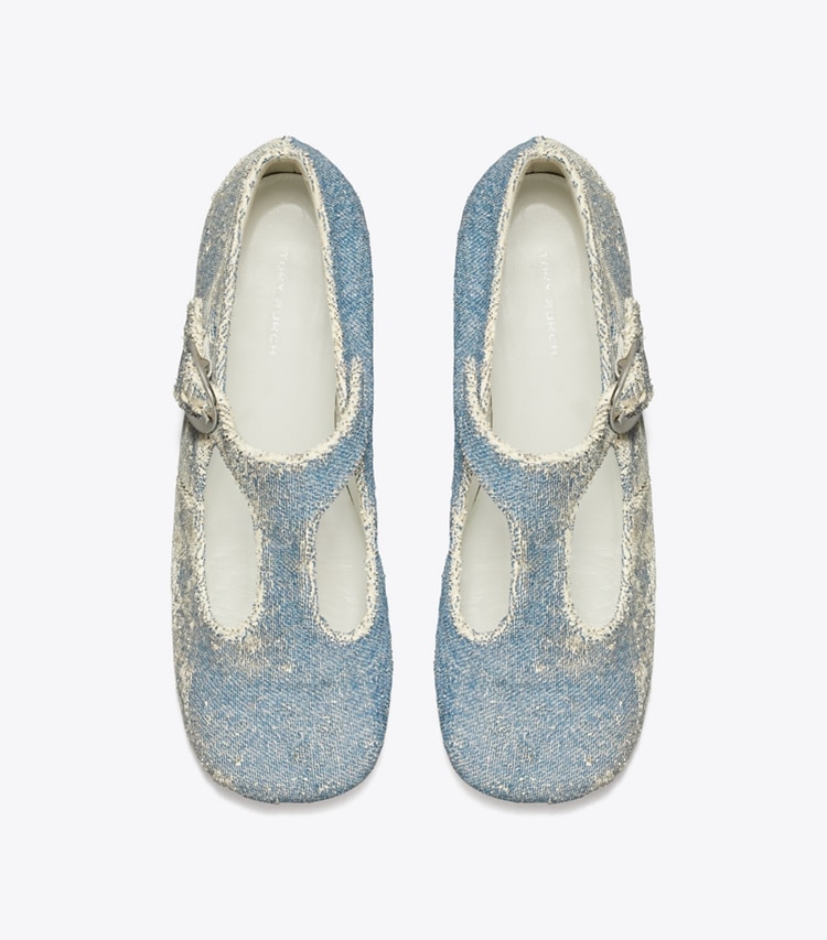 Tory Burch designer flats Violet T-Strap in DENIM overhead