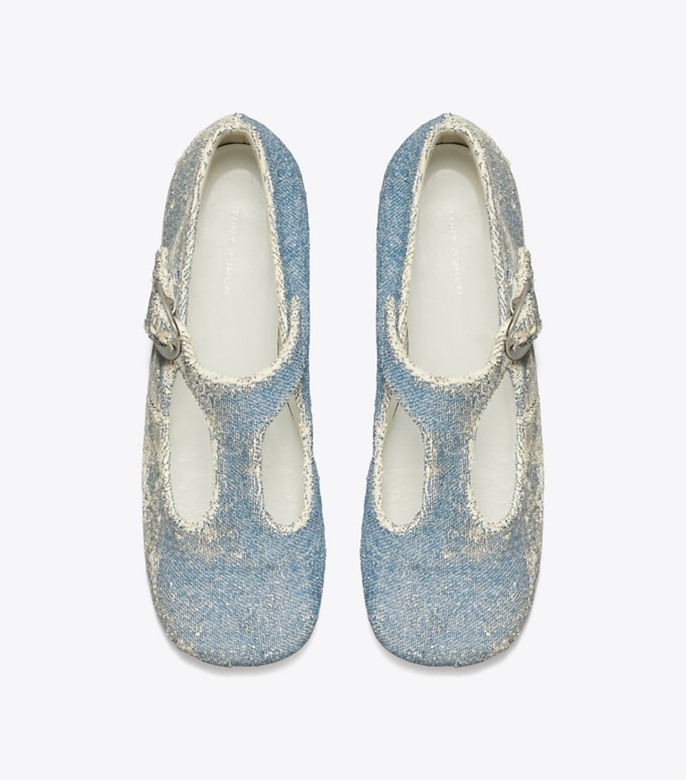 Tory Burch designer flats Violet T-Strap in DENIM angle