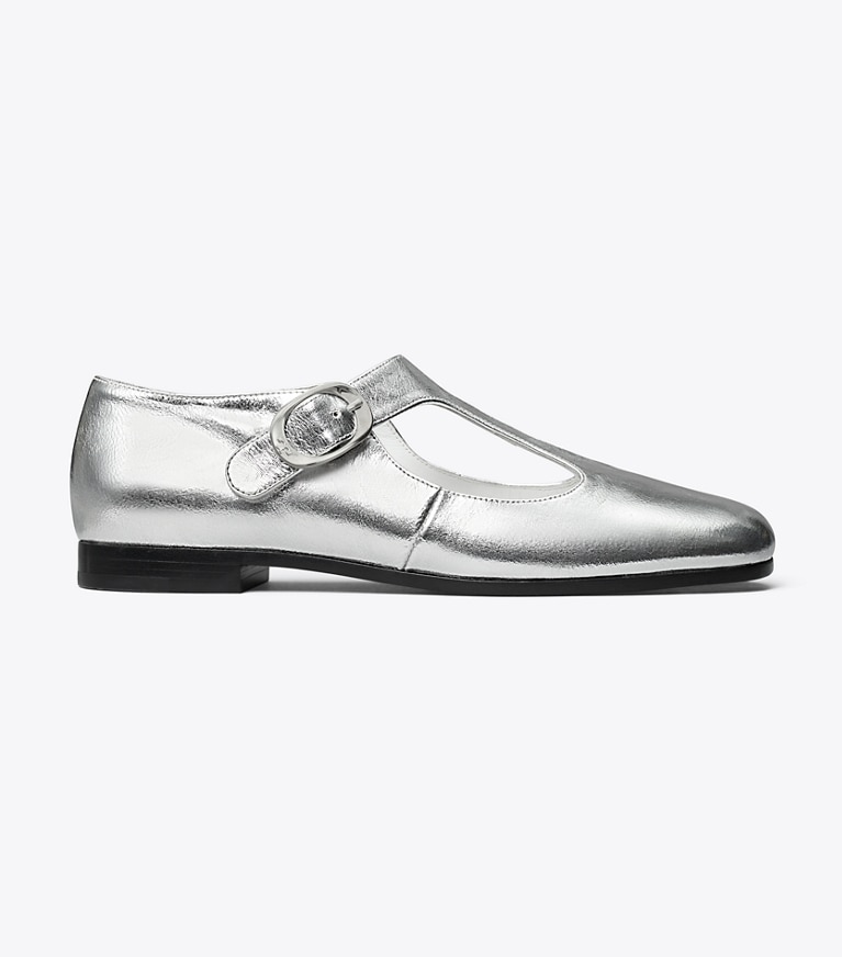 Tory Burch designer flats Violet T-Strap in SILVER angle