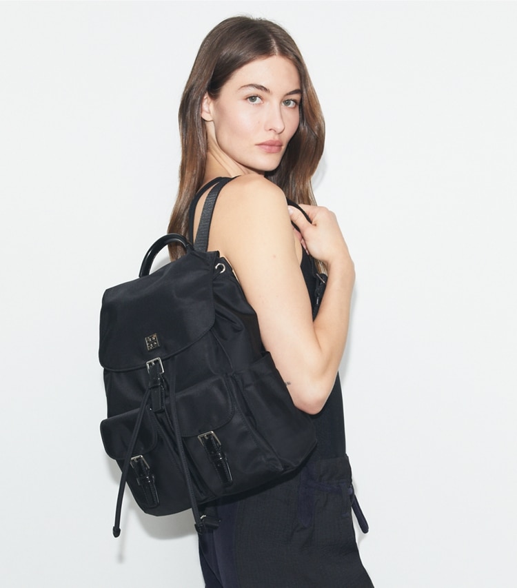 Tory Burch designer backpacks Virginia Backpack in Black accessory on model