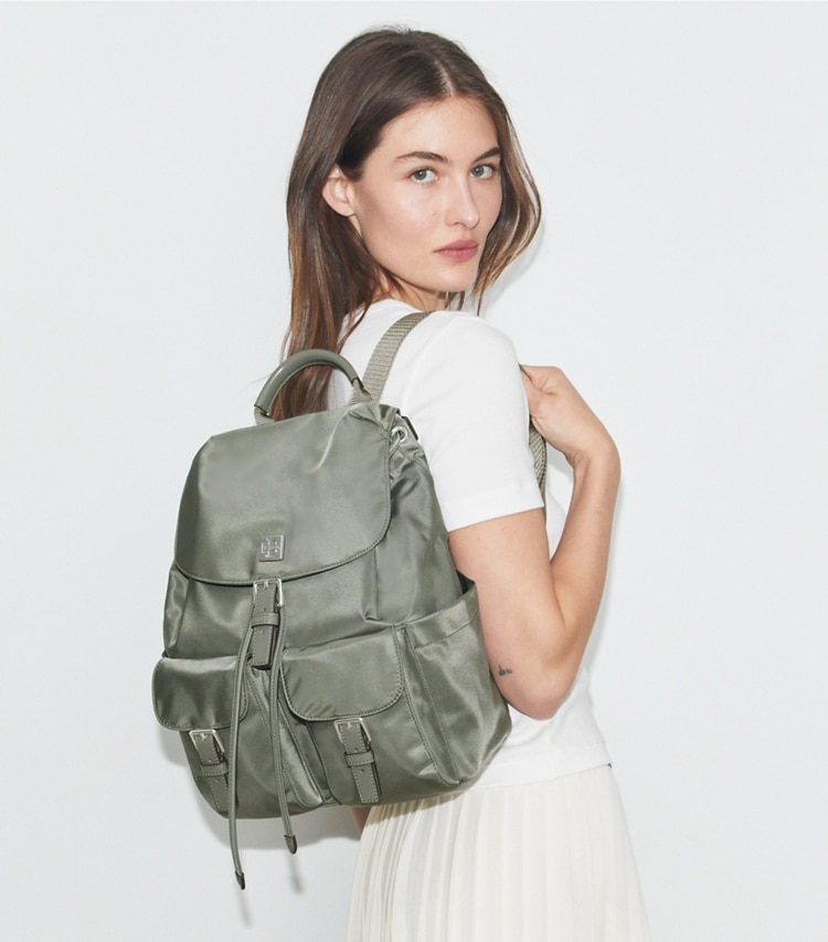 Tory Burch designer backpacks Virginia Backpack in Shale Rock accessory on model