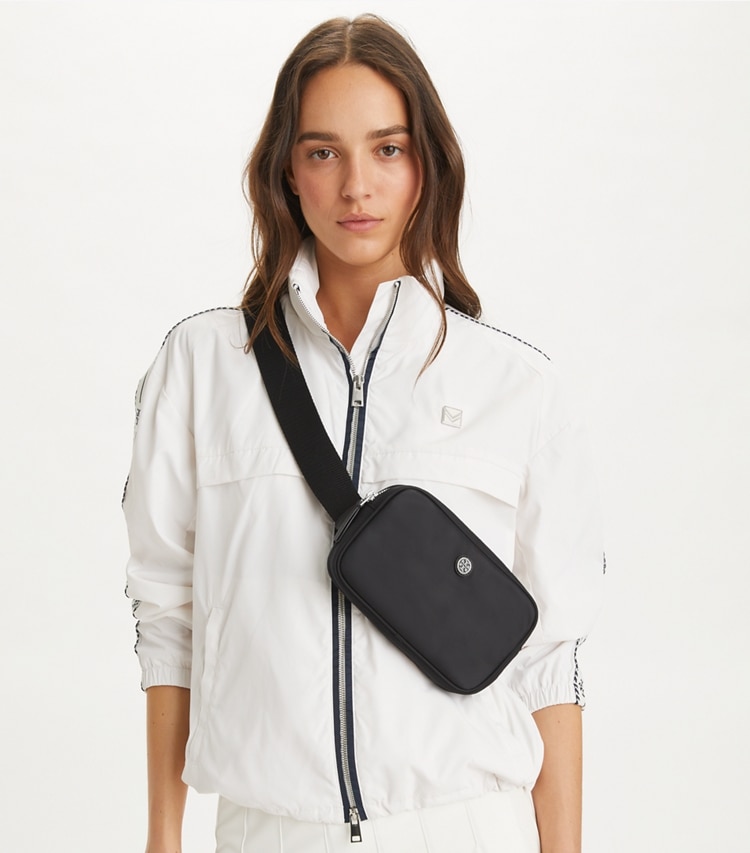 Tory Burch designer belt bags Virginia Belt Bag in Black accessory on model