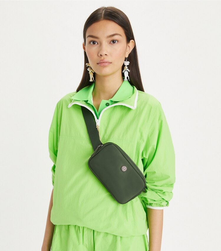 Tory Burch designer belt bags Virginia Belt Bag in Basil accessory on model