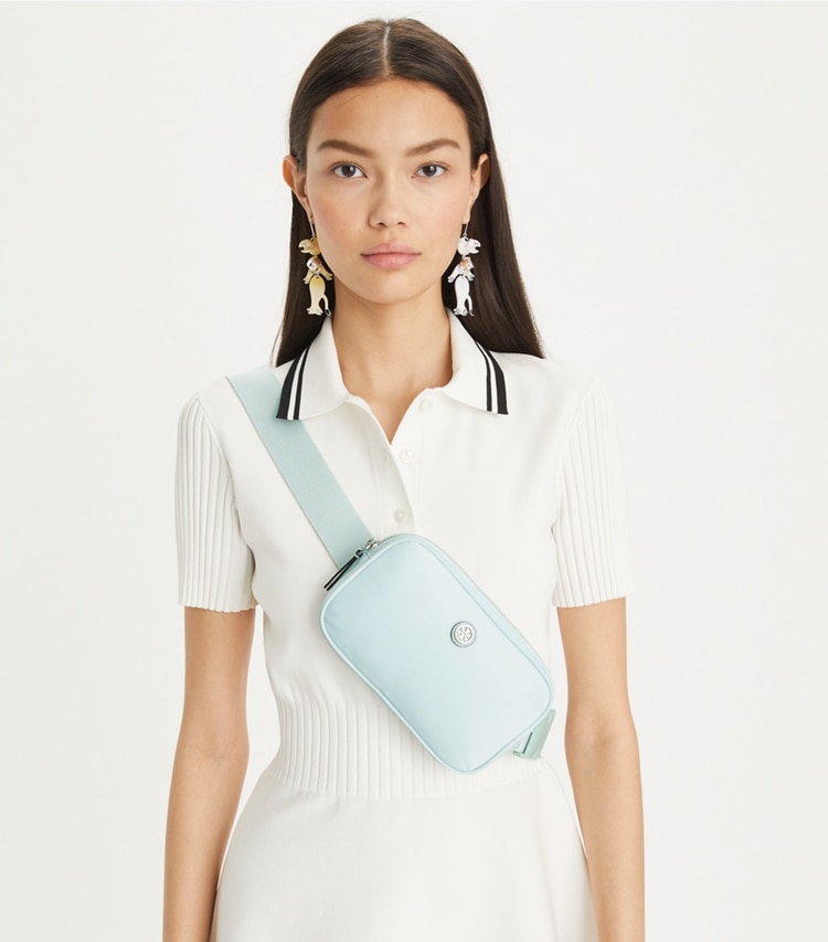 Tory Burch designer belt bags Virginia Belt Bag in Summit accessory on model