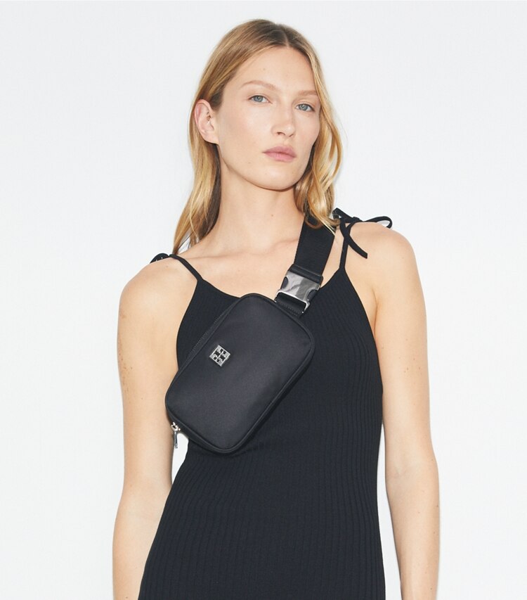 Tory Burch designer belt bags Virginia Belt Bag in Black accessory on model
