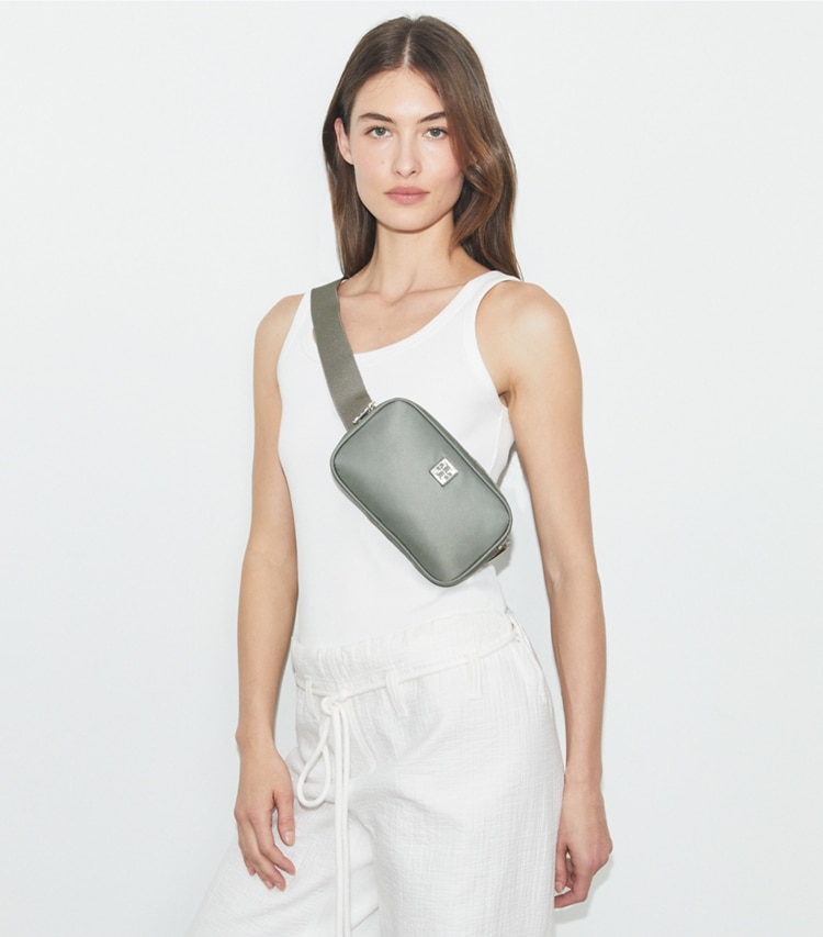 Tory Burch designer belt bags Virginia Belt Bag in Shale Rock accessory on model