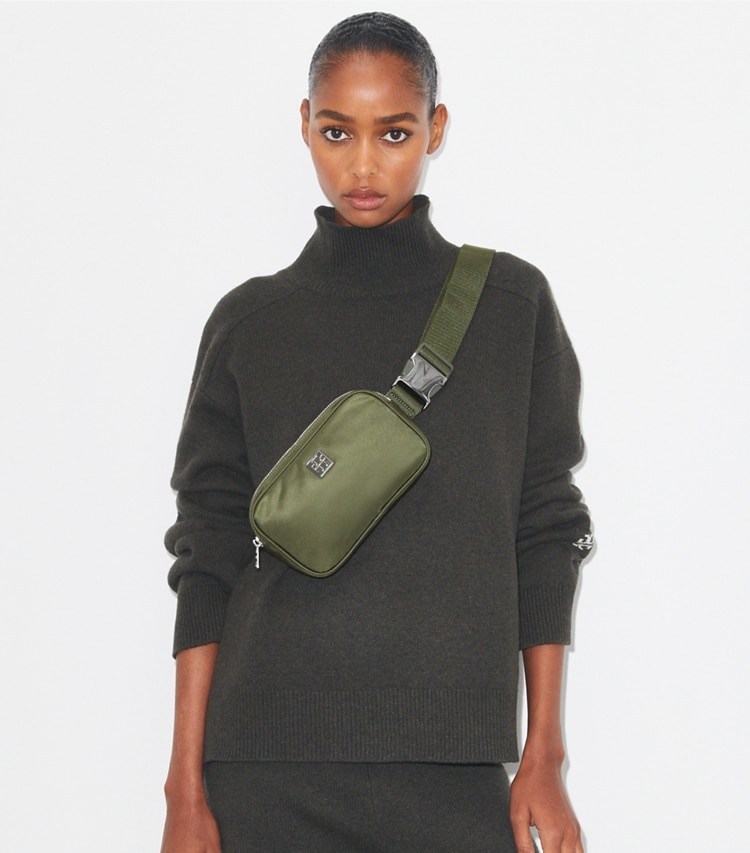 Tory Burch designer belt bags Virginia Belt Bag in Grape Leaf accessory on model