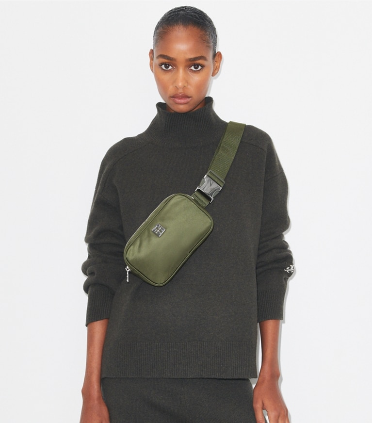 Tory Burch designer belt bags Virginia Belt Bag in Grape Leaf accessory on model