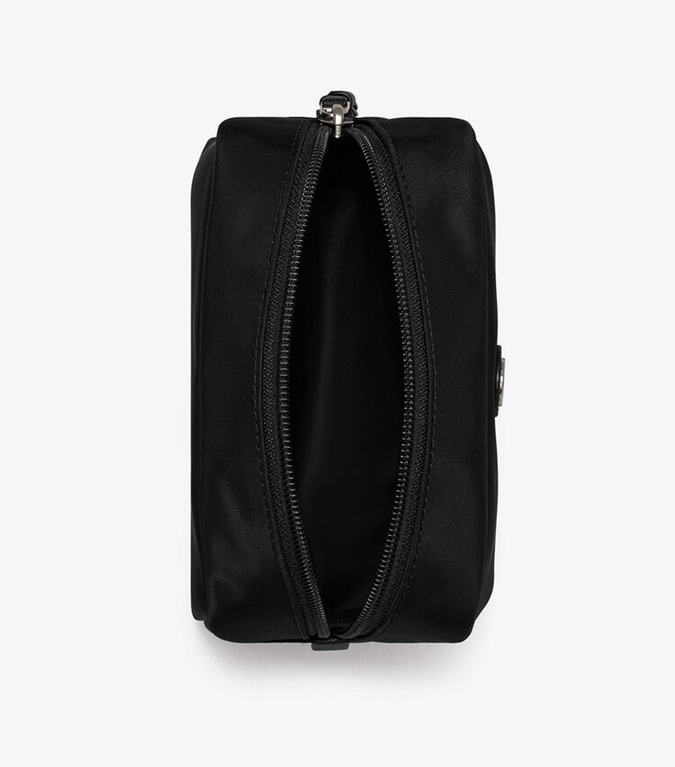 Tory Burch designer cosmetic bags Virginia Curved Cosmetic Case in Black overhead