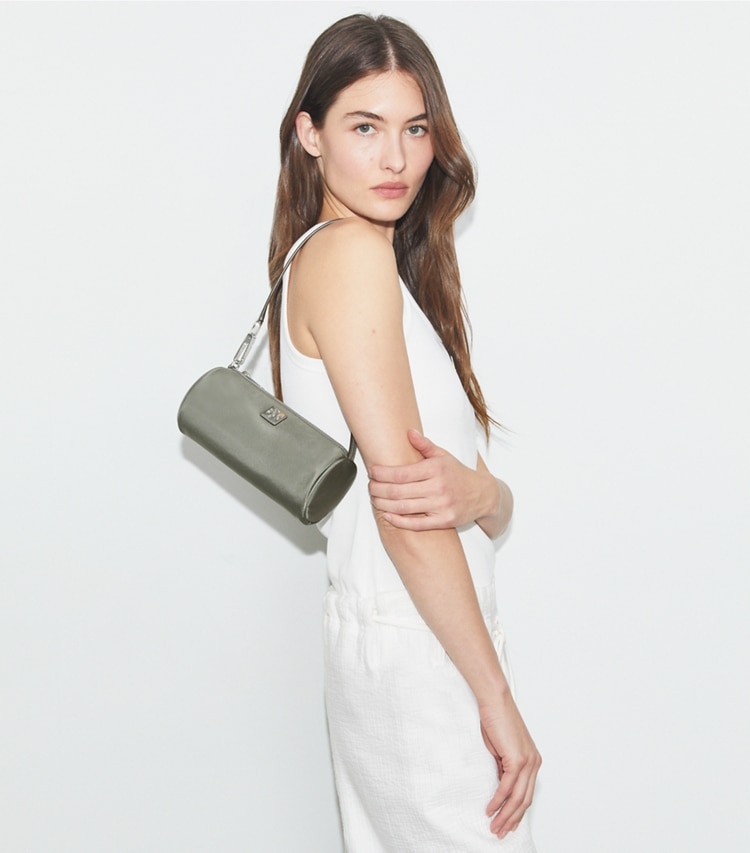 Tory Burch designer shoulder bags Virginia Cylinder Bag in Shale Rock accessory on model