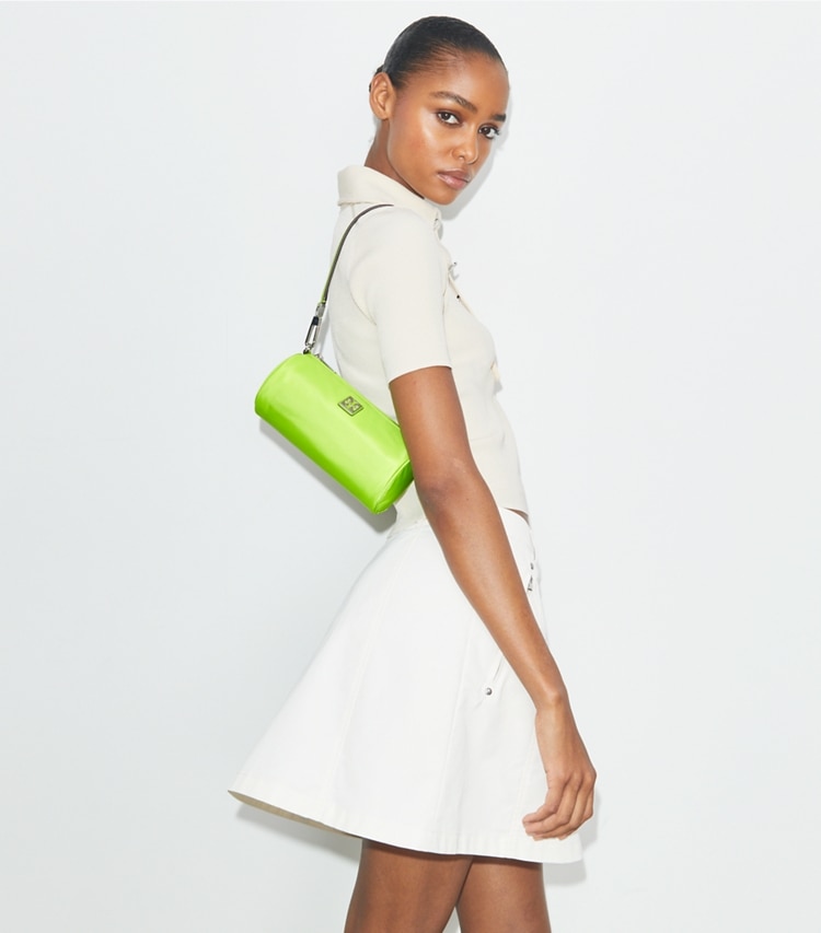 Tory Burch designer shoulder bags Virginia Cylinder Bag in Sugared Apple accessory on model