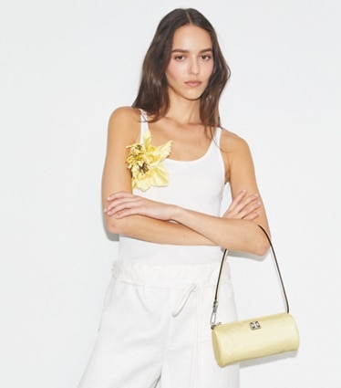Tory Burch designer shoulder bags Virginia Cylinder Bag in Banana Marshmallow accessory on model