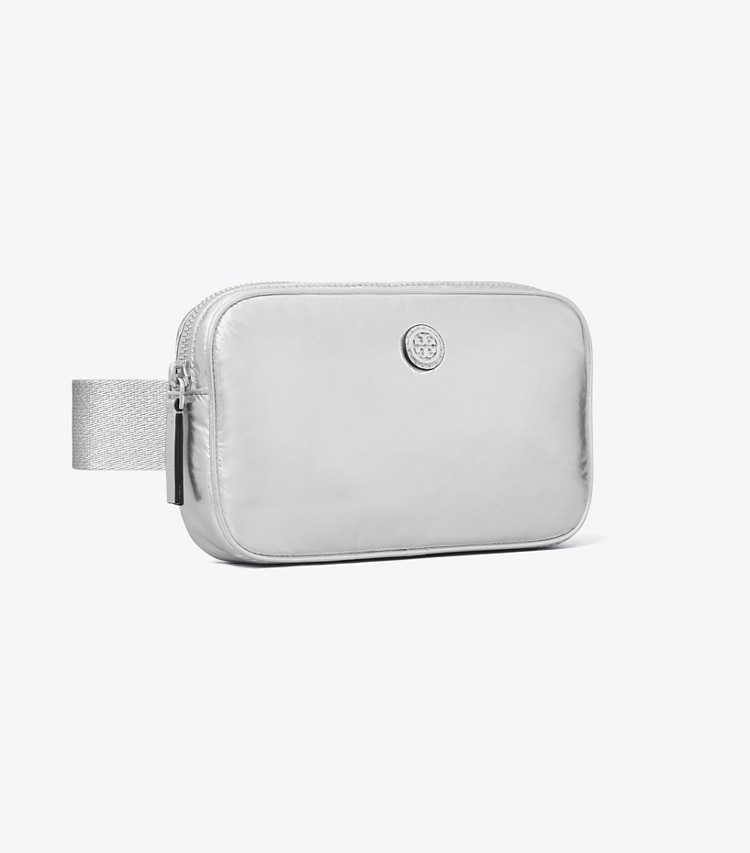 Tory Burch designer belt bags Virginia Metallic Belt Bag in Silver angle