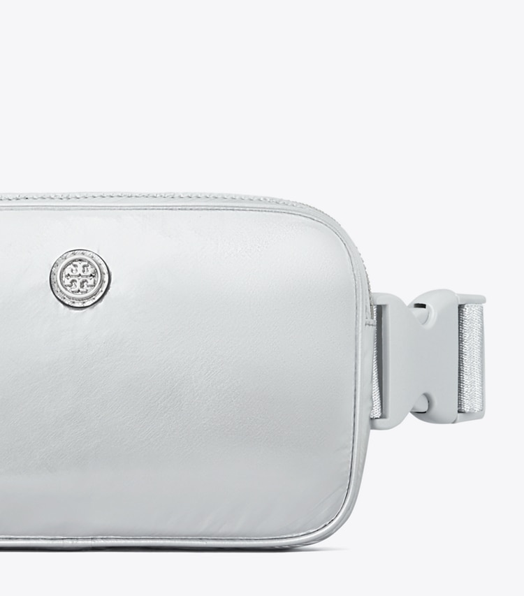 Tory Burch designer belt bags Virginia Metallic Belt Bag in Silver detail