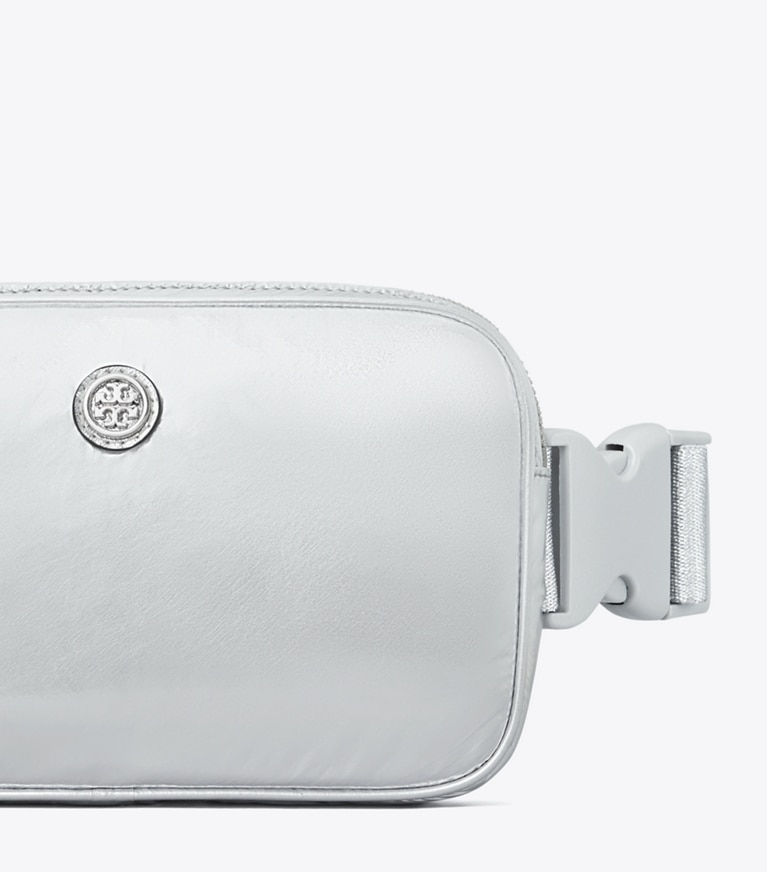 Tory Burch designer belt bags Virginia Metallic Belt Bag in Silver angle