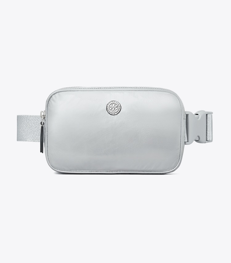 Tory Burch designer belt bags Virginia Metallic Belt Bag in Silver front