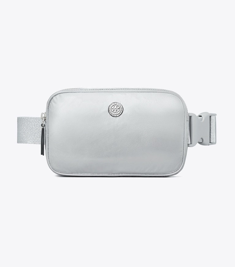 Tory Burch designer belt bags Virginia Metallic Belt Bag in Silver angle
