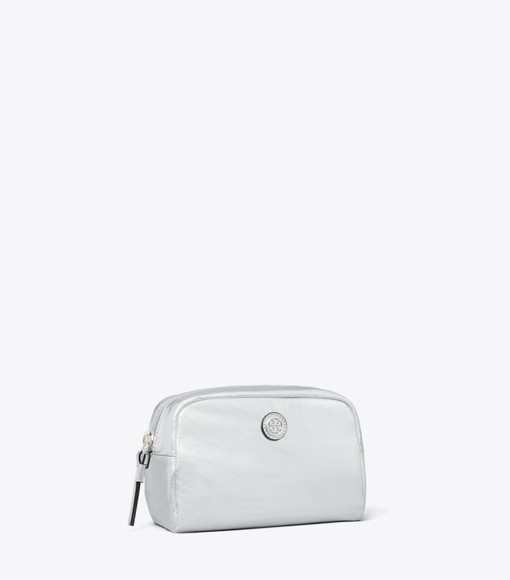Tory Burch designer cosmetic bags Virginia Metallic Curved Cosmetic Case in Silver angle