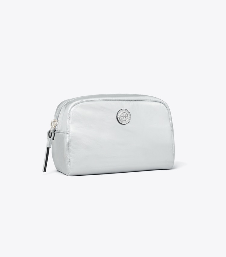 Tory Burch designer cosmetic bags Virginia Metallic Curved Cosmetic Case in Silver angle