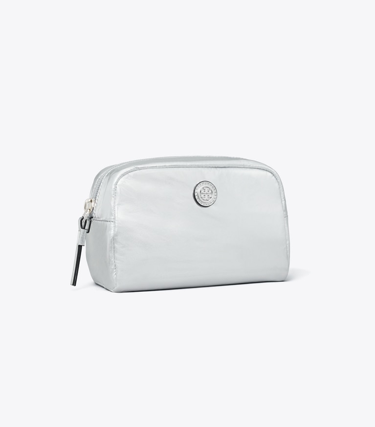 Tory Burch designer cosmetic bags Virginia Metallic Curved Cosmetic Case in Silver angle
