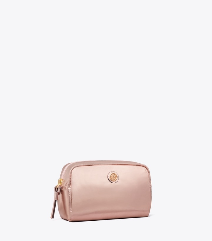 Tory Burch designer ポーチ ヴァージニア メタリック カーブ コスメティックケース in Pink Gold angle