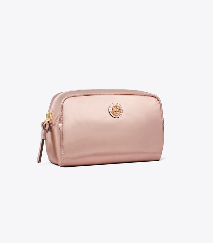 Tory Burch designer ポーチ ヴァージニア メタリック カーブ コスメティックケース in Pink Gold angle