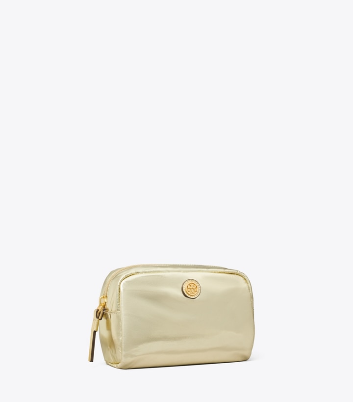 Tory Burch designer cosmetic bags Virginia Metallic Curved Cosmetic Case in Spark Gold angle