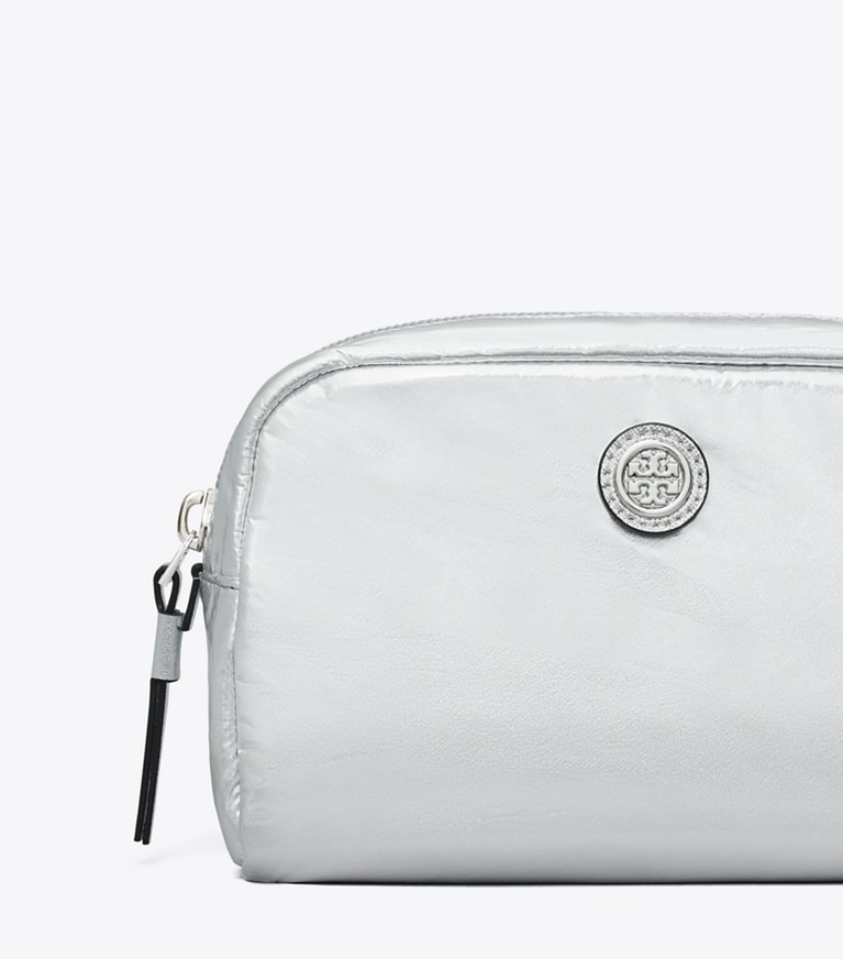 Tory Burch designer cosmetic bags Virginia Metallic Curved Cosmetic Case in Silver angle