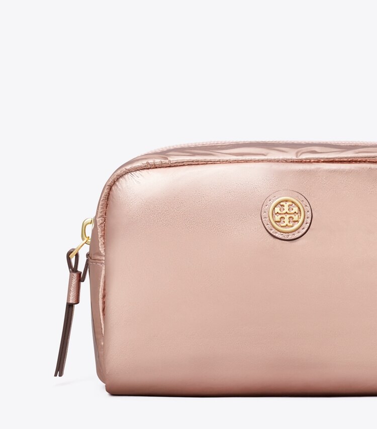 Tory Burch designer ポーチ ヴァージニア メタリック カーブ コスメティックケース in Pink Gold ディテール