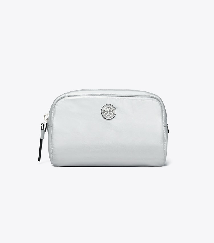 Tory Burch designer cosmetic bags Virginia Metallic Curved Cosmetic Case in Silver front