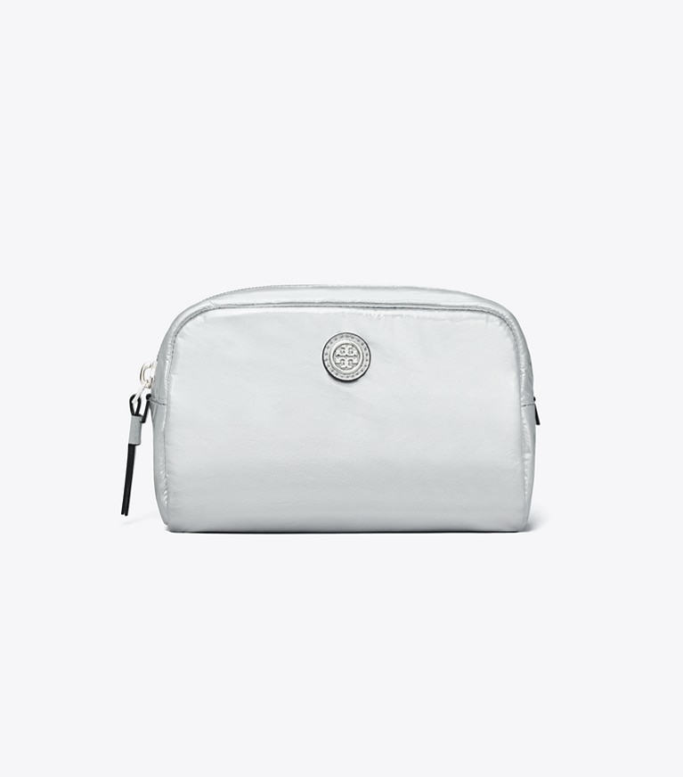 Tory Burch designer cosmetic bags Virginia Metallic Curved Cosmetic Case in Silver angle
