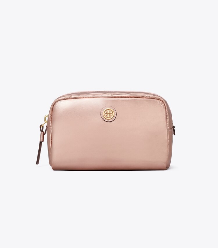 Tory Burch designer ポーチ ヴァージニア メタリック カーブ コスメティックケース in Pink Gold front