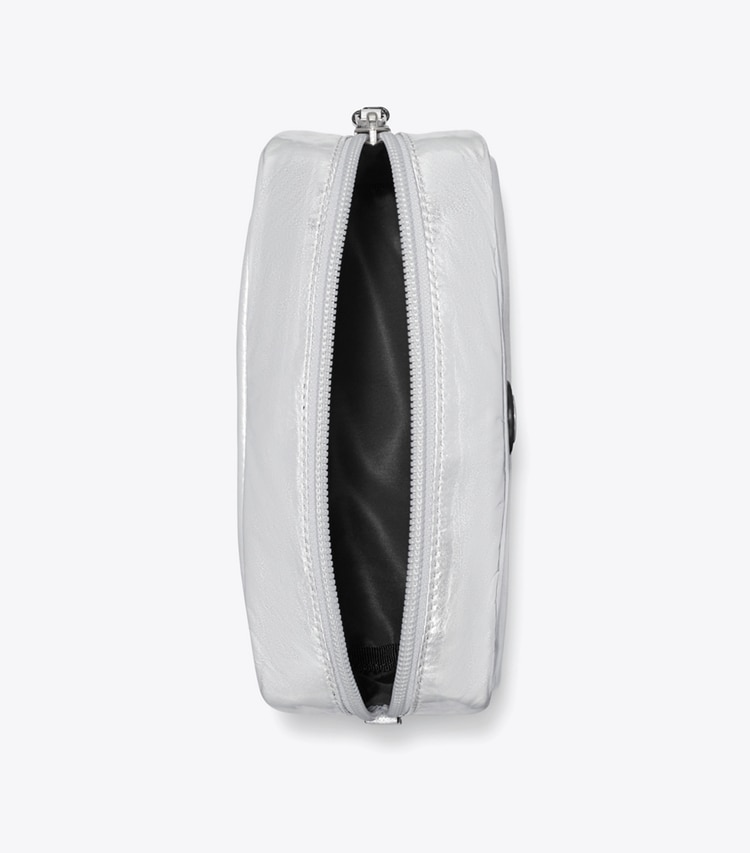 Tory Burch designer cosmetic bags Virginia Metallic Curved Cosmetic Case in Silver overhead
