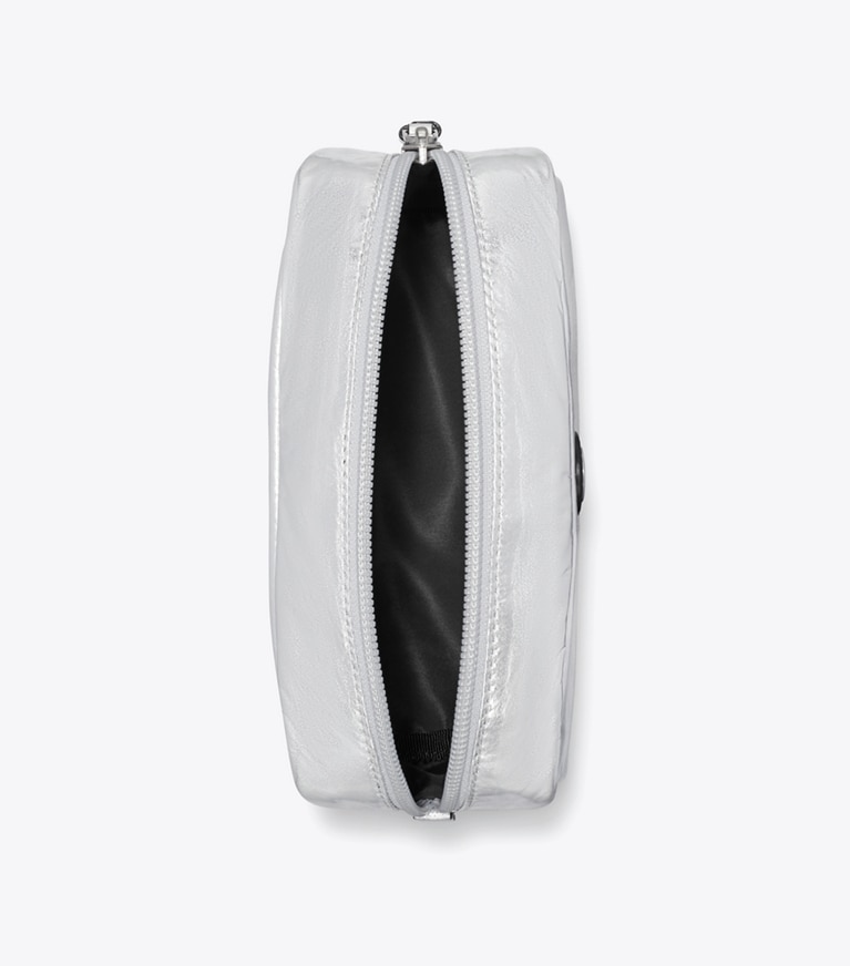 Tory Burch designer cosmetic bags Virginia Metallic Curved Cosmetic Case in Silver angle