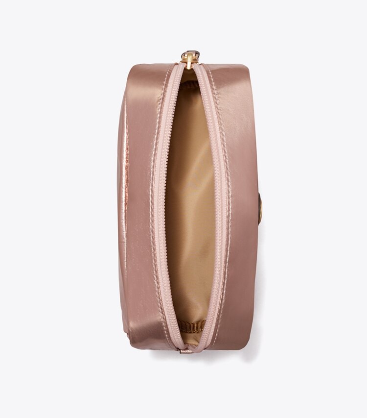 Tory Burch designer ポーチ ヴァージニア メタリック カーブ コスメティックケース in Pink Gold オーバーヘッド